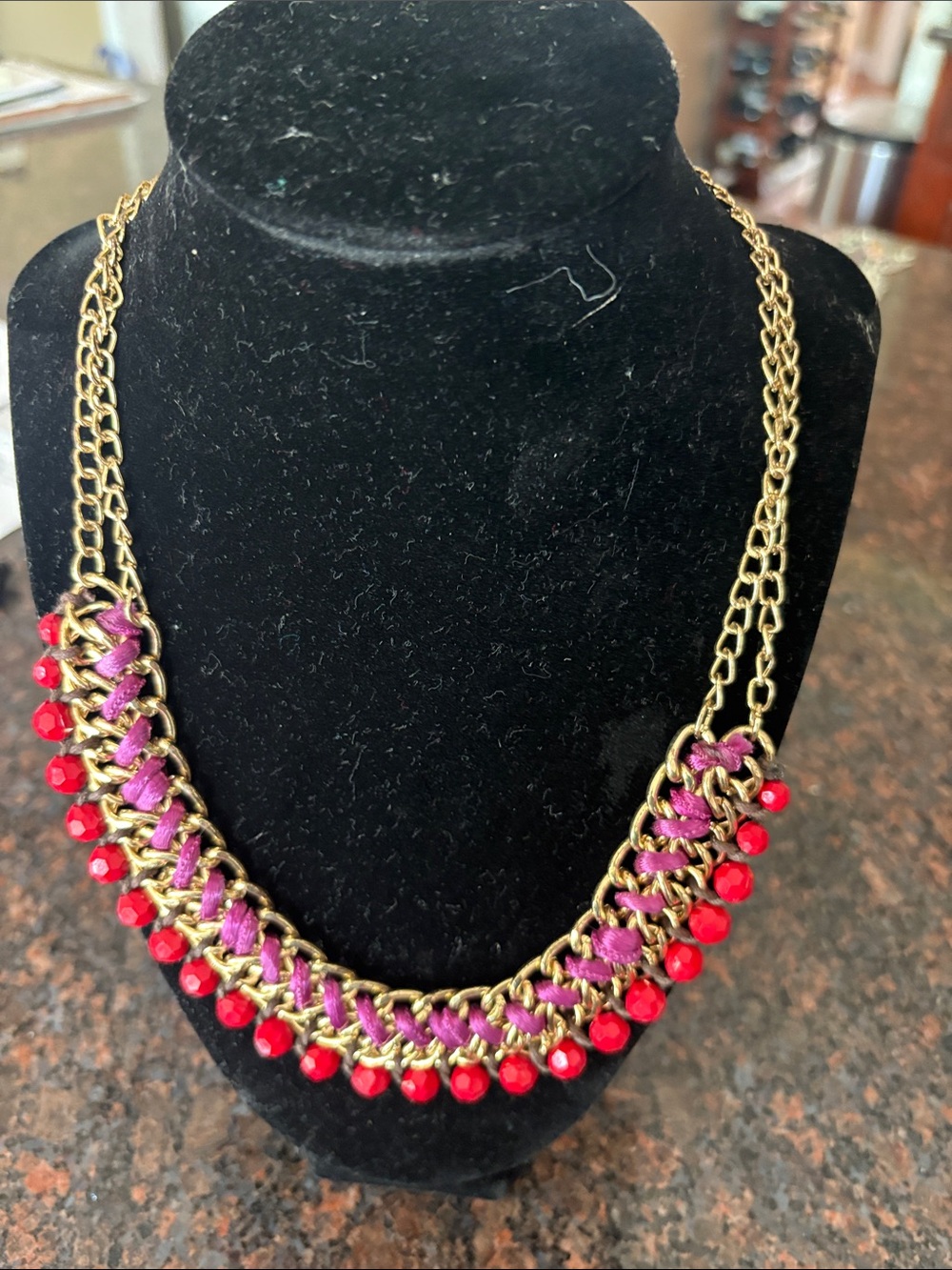 Chaps Necklace with Gold Tone Chain red beads purple thread statement classic